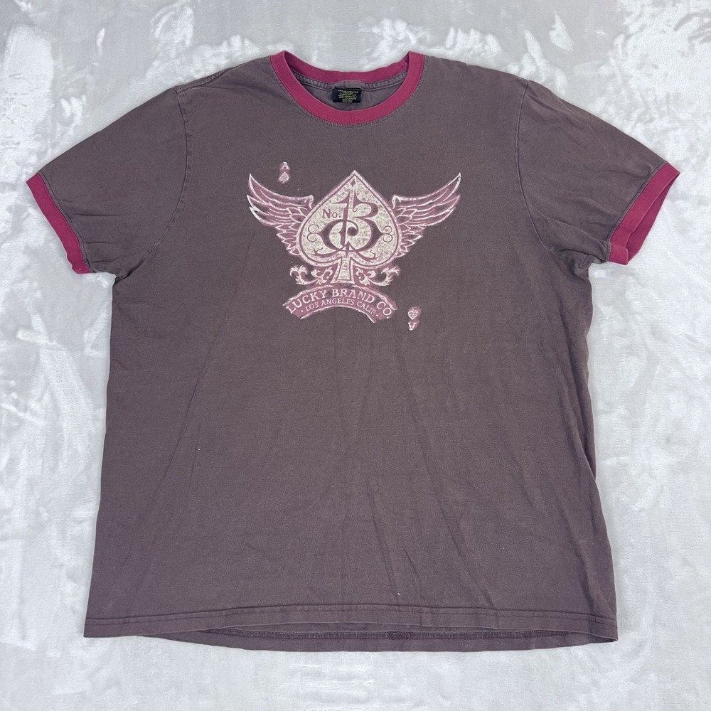 Vintage Y2K Lucky Brand Ringer Tee Shirt Mens XL Brown Grunge USA Biker Tattoo